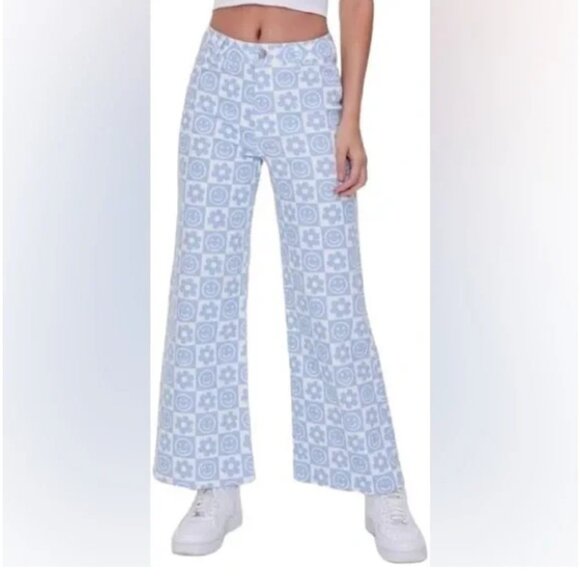 Forever 21 Flare Bell Bottom Jeans Checkered Floral Happy Face Pattern - Picture 1 of 10